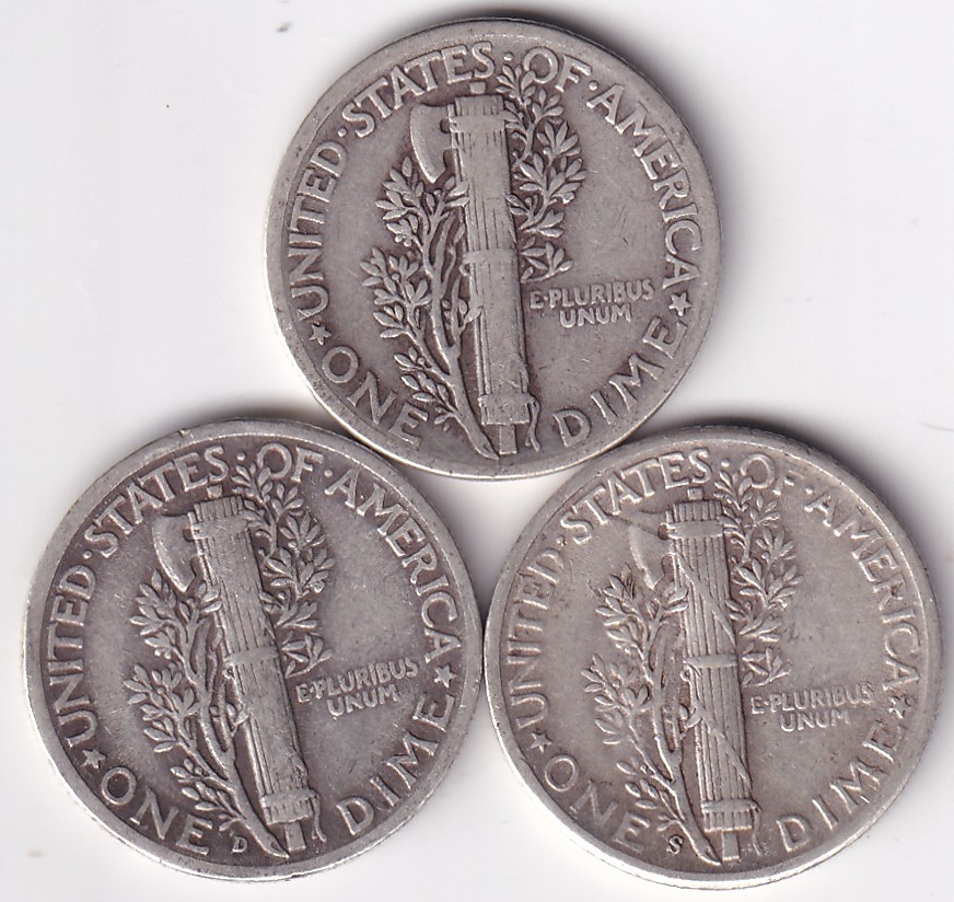 Mercury One Dime 1944 Three Different Silver Mint Coins Lot - Image 2