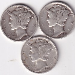 Mercury One Dime 1945 Three Different Silver Mint Coins Lot