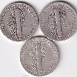 Alternative view of Mercury One Dime 1945 Three Different Silver Mint Coins Lot