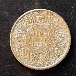 Silver British India King and emperor George vi Denominaton 1/2₹ Year 1939 Excellent condition Same and similar piece available