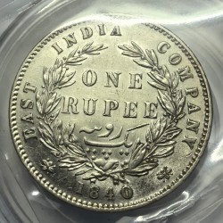 Alternative view of British India Victoria Divided Legend 1840 One Rupee Silver Coin High Grade Unc