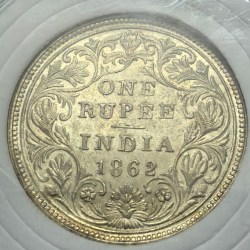 Alternative view of British India Victoria One Rupee 1862 Five Pannel Silver Coin Bunc