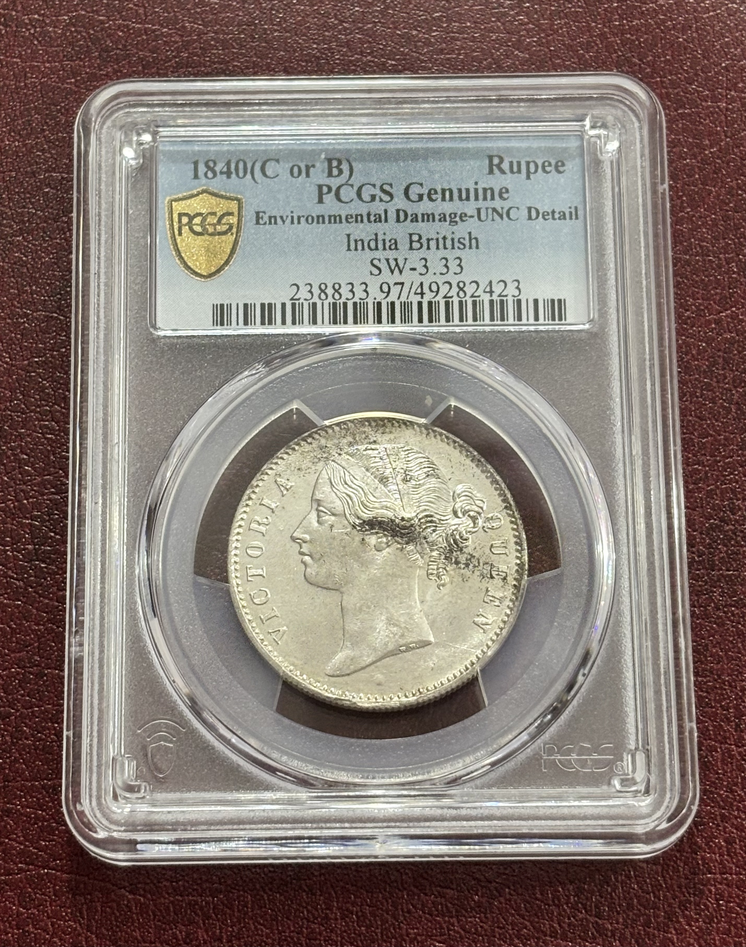 Divided Legend One Rupee 1840 PCGS Graded UNC Detail Coin Rare