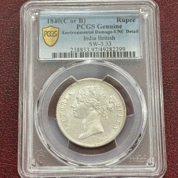Divided Legend One Rupee 1840 PCGS Graded UNC Detail Coin Rare #2