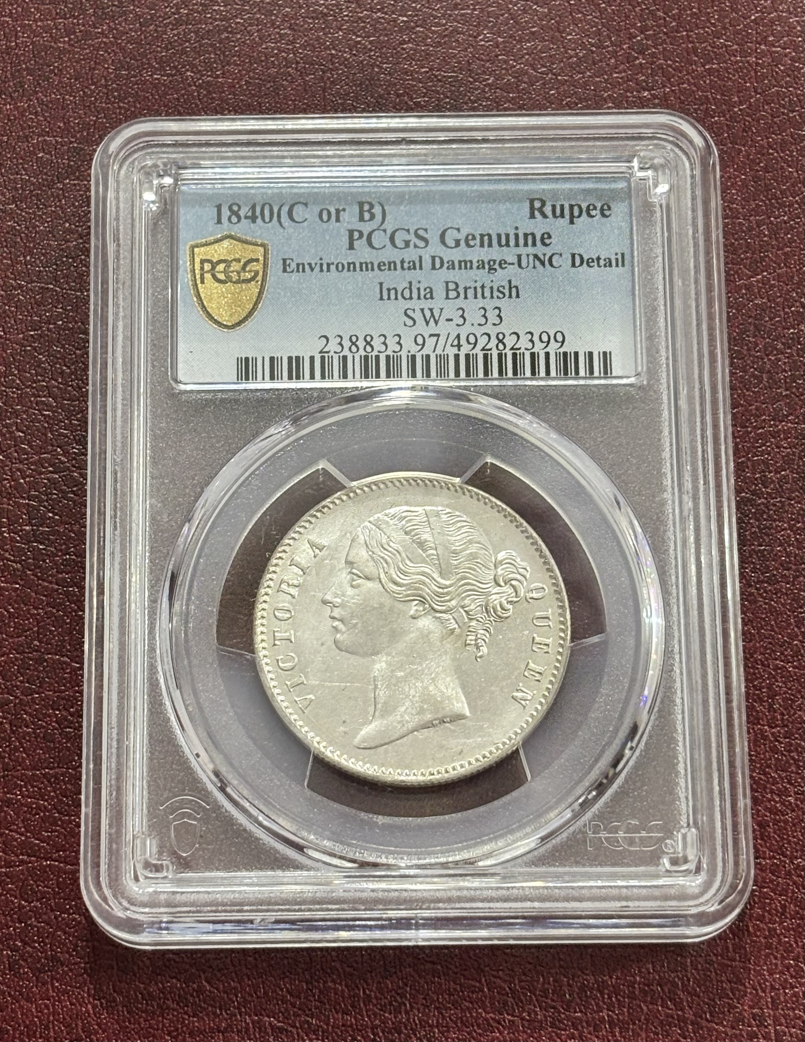 Divided Legend One Rupee 1840 PCGS Graded UNC Detail Coin Rare #2