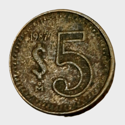MEXICO Brass 5 DOLLARS Year 1987 "Small Size" Used Condition.