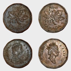 CANADA Bronze ONE CENT Year 1989 and Year 1995 Queen ELIZABETH-II "Young & Mature" Portraits SET 2 Coins are in Collectable Grades.
