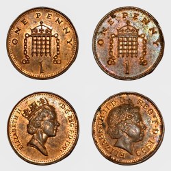 United Kingdom GREAT BRITAIN Bronze ONE PENNY Year 1993 and Year 1999 Queen ELIZABETH-II "Young & Mature" Portraits SET 2 Coins **SCARE** High AUNC Grades.