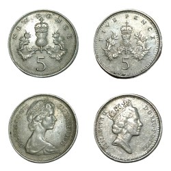 Alternative view of UNITED KINGDOM GREAT BRITAIN Cu/Ni 5 PENCE Year 1970 and 1997 Queen ELIZABETH-II "Young & Mature" Portraits SET 2 Coins Small Size and Big Size **SCARE** High AUNC Grades.