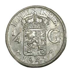 Alternative view of DUTCH EAST INDIES Silver 1/4 GULDEN Year 1941 Wilhelmina of the Netherlands in UNC Grade.