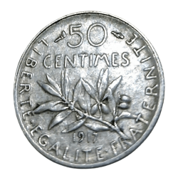 FRANCE Silver 50 CENTIMES Year 1917 LIBERTE, EGALITE, FRATERNITE **RARE** High Collectable Grade.