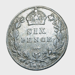 Great Britain UNITED KINGDOM Silver SIX PENCE Year 1891 Queen VICTORIA DEI GRATIA Weight= 3.01g **RARE** High Collectable Grade.