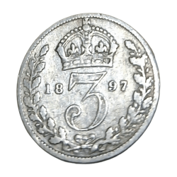 Great Britain UNITED KINGDOM Silver THREE PENCE Year 1897 Queen VICTORIA DEI GRATIA Weight= 1.42g **V.RARE** Collectable Grade.