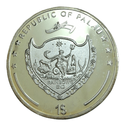 Alternative view of REPUBLIC OF PALAU Silver ONE DOLLAR Special Issue on Indian Supreme God SHIVA Weight= ONE OUNCE [28g] CROWN Size **V.RARE** Proof Uncirculated Grade.