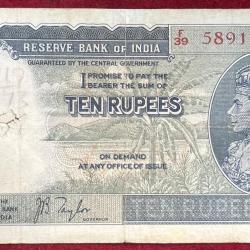 British INDIA 10 Rupees - George VI GOVERNOR J.B.TAYLOR RARE NOTE