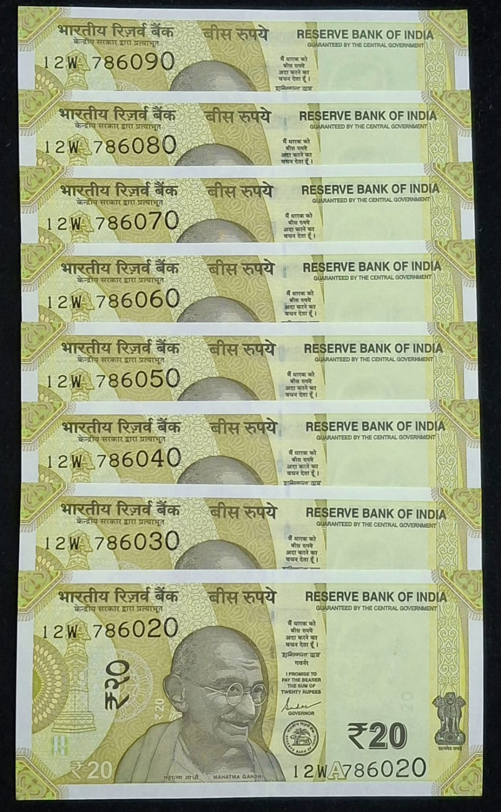 786020 - 786090 FANCY NUMBER RARE 20 RUPEES GEM UNC RARE (8 NOTE SET)