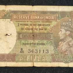 5 RUPEES GEORGE VI GOVERNOR J.B.TAYLOR BUYER WILL RECEIVE SAME CONDITION NOTE AS PER IMAGE