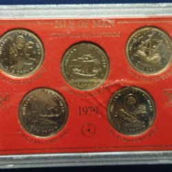 Isle of Man, 1979, 1 Crown, Set of 5 coins, 1000th Anniversary of Tynwald, UNC Mint Box + Information sheet. Mint Box as per image with scratches/cracks.