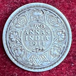 2 annas british india silver 1914 george V rare coin # z-1312