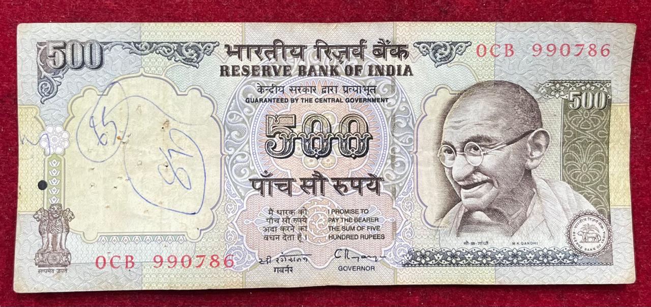 786 FANCY NUMBER ENDING 500 RUPEES GOVERNOR C.RANGARAJAN RARE NOTE