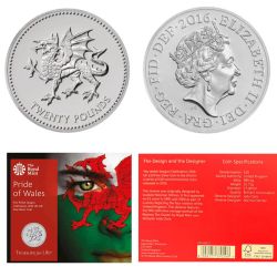 United Kingdom 20 Pounds 2016 - Elizabeth II Welsh Dragon; Commemorative issue Royal Mint Issue Rare Silver (Weight 15.71 g)