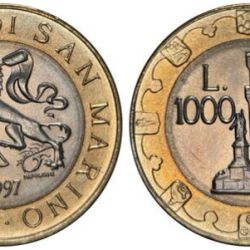 San Marino, 1000 Lire, 1997, Millennium of building of Castle, KM #368, Bimetal, Fine Condition.