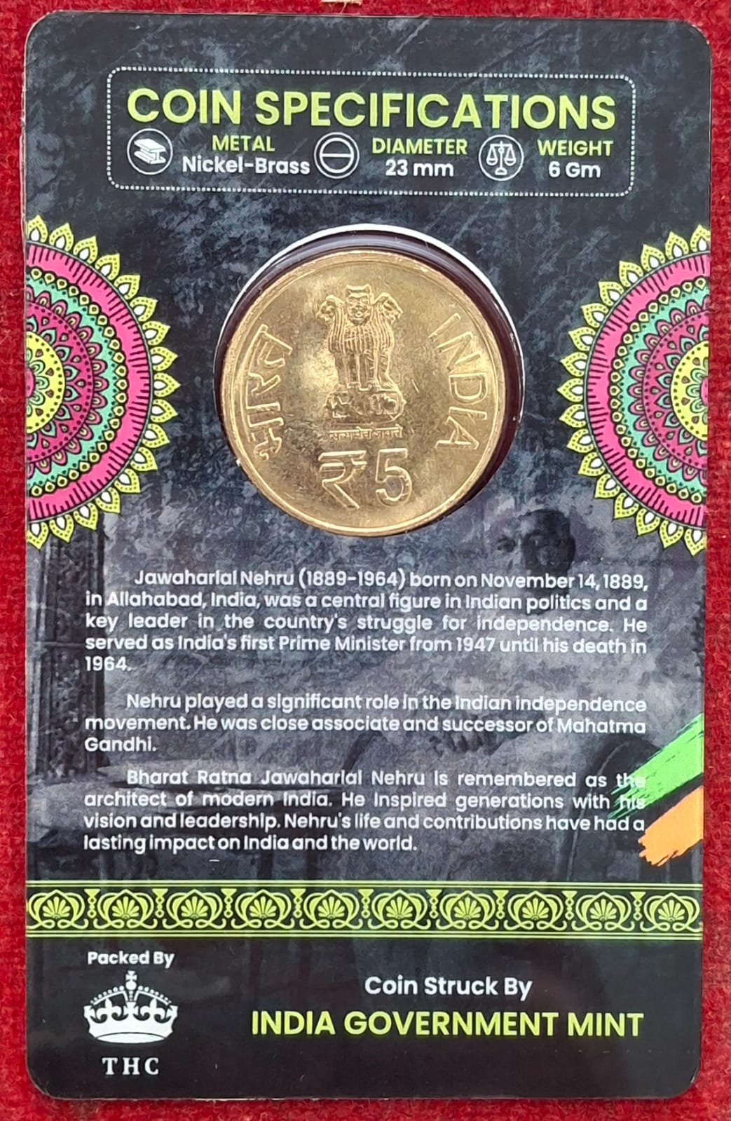 5 Rs. JAWAHARLAL NEHRU rare Commemorative Coin Card Special Edition - Image 3