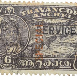 Postal Stamp of Travancore Anchel State 6 Cash Black Colour - Over Printed 'Special' & 'Service' - Used Condition as per Image.