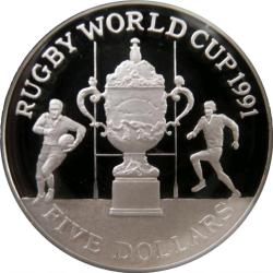 New Zealand 5 Dollars 1991 - Elizabeth II t; Rugby World Cup, Silver Proof Commemorative issue Rare Coin WITH CAPSOOL #4646