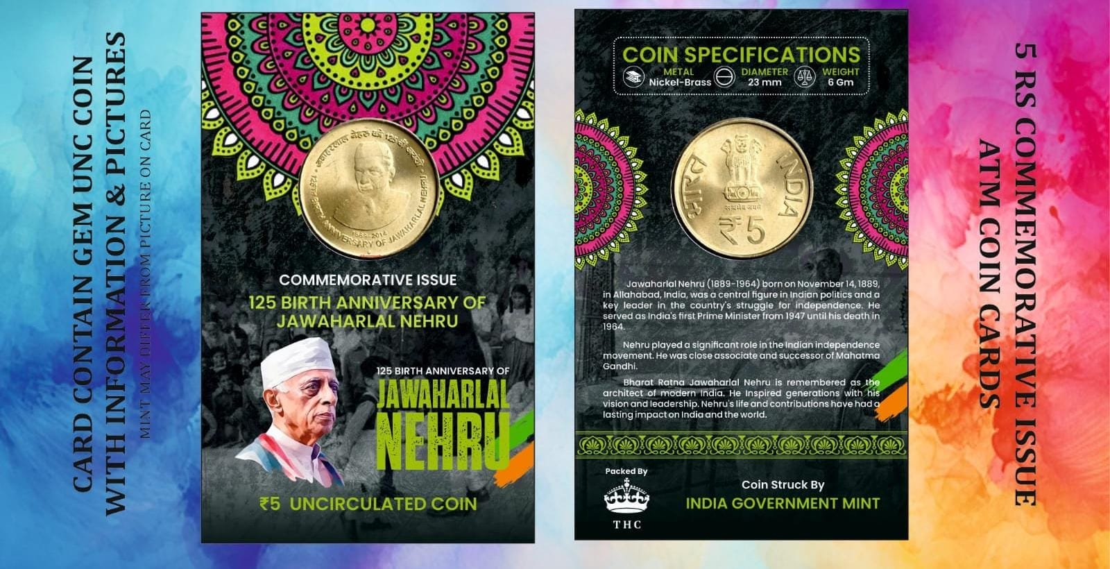 5 Rs. JAWAHARLAL NEHRU rare Commemorative Coin Card Special Edition