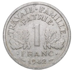 Alternative view of Old Aluminium 1 Franc of France (AD 1942) with Double-headed axe