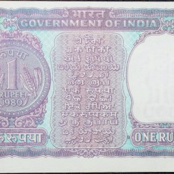 Alternative view of 1 Rupee of Republic India (AD 1980) R.N.Malhotra - Violet color. Smaller watermark window and numbers to the left. Large ornamental 1 in the centre