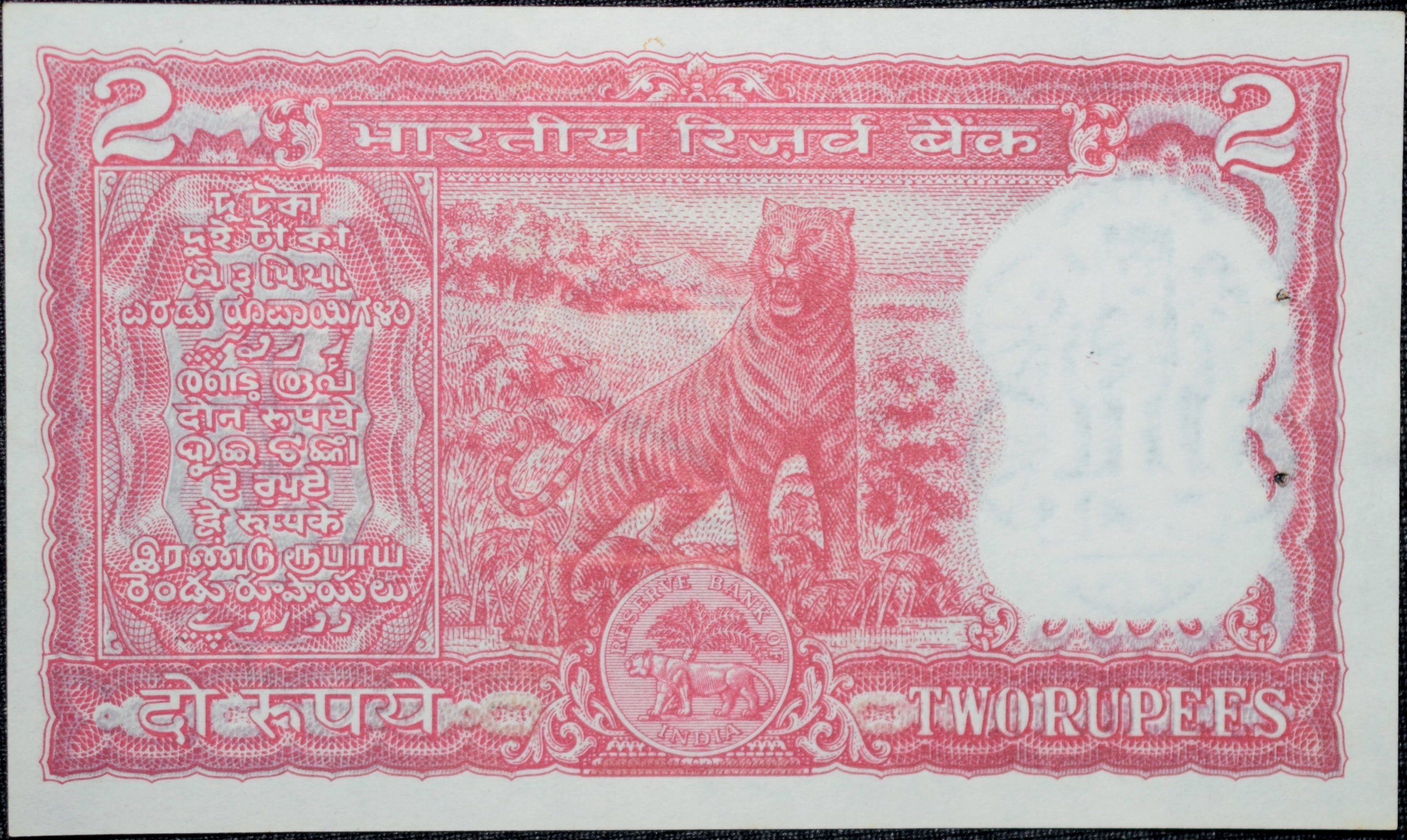 2 Rupees of Republic India (AD 1980) I.G.Patel Signature with Full Tiger figure with 13 regional languages on the back - Image 2