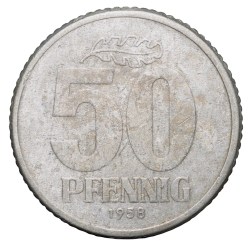 Alternative view of Aluminium 50 Pfennig of Germany (AD 1958) with State emblem of the German Democratic Republic