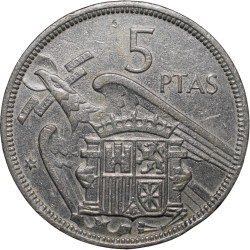 Alternative view of Old Copper-Nickel 5 Pesetas of Spain Country (AD 1957) Francisco Franco