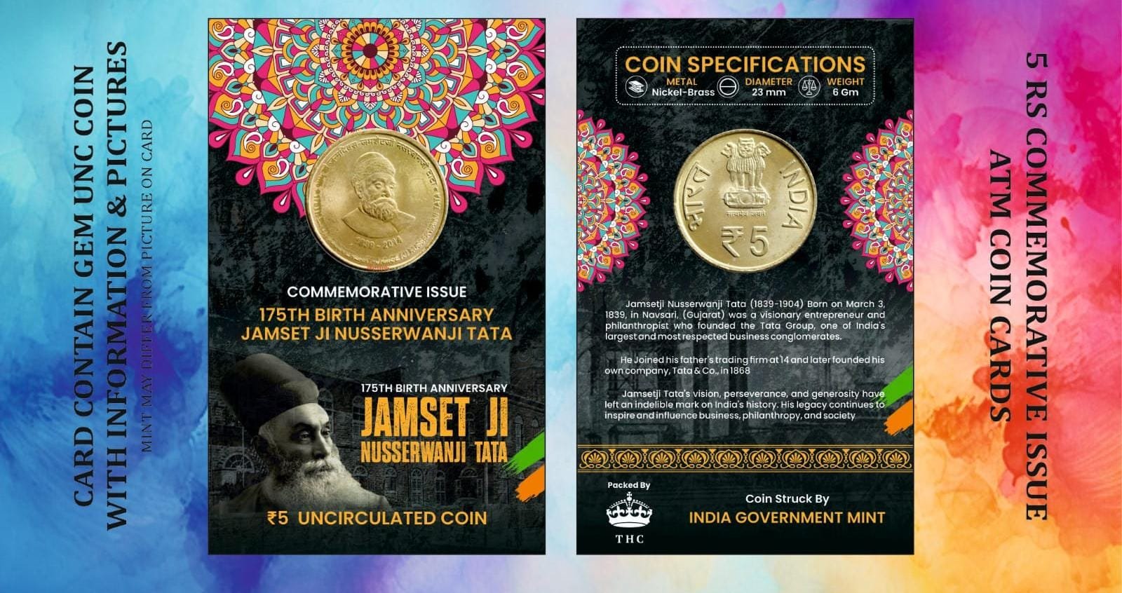 5 Rs. JAMSET JI TATA rare Commemorative Coin Card Special Edit