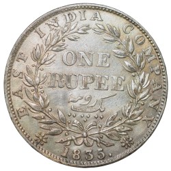 Alternative view of Silver Rupee of William IIII (AD 1835) of Calcutta Mint F incused at the truncation of King's neck GK14