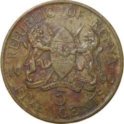 Alternative view of Brass 5 Cents of Kenya (AD 1990) with President Daniel Toroitich Arap