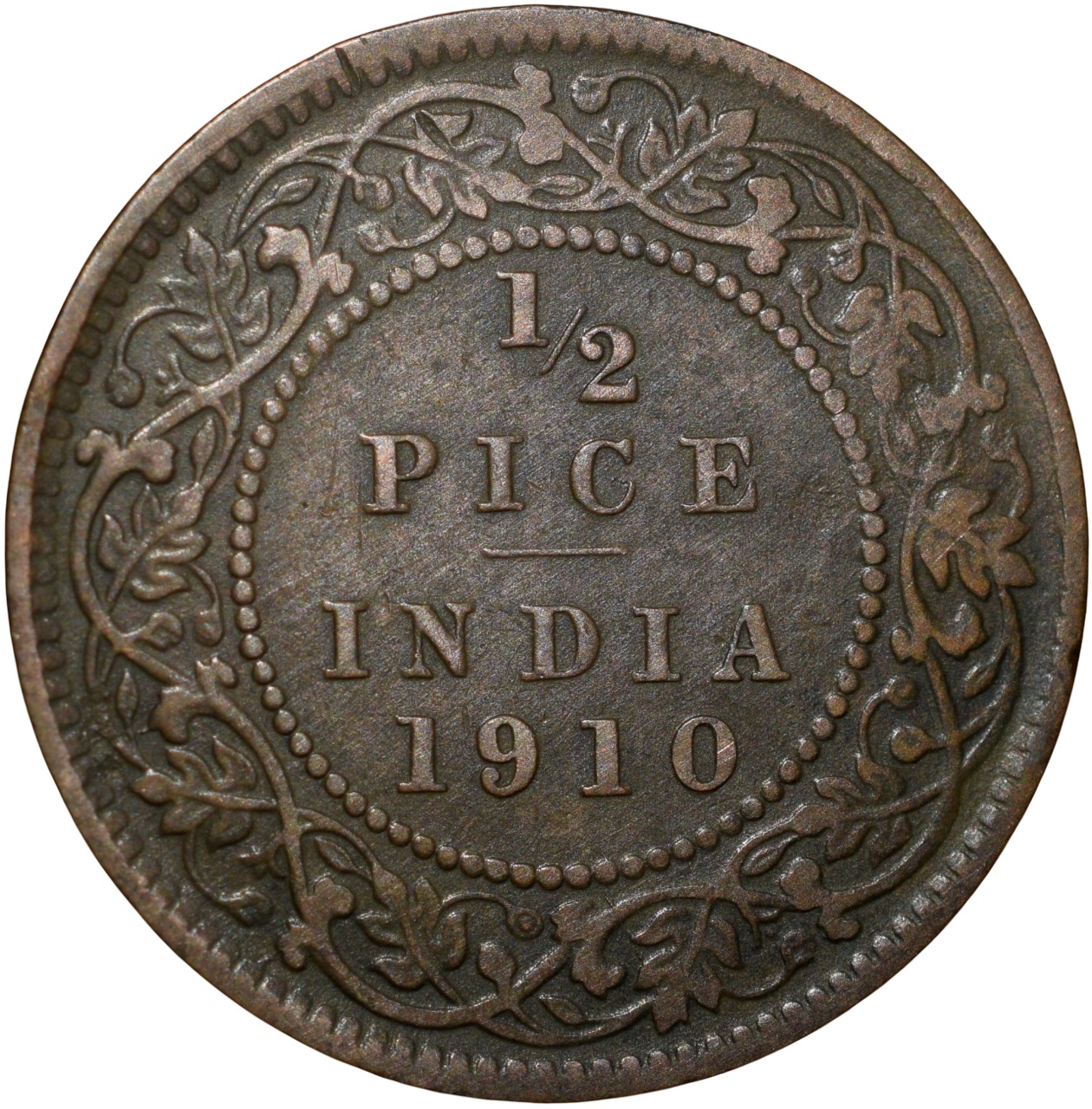 Bronze 1/2 Pice of Edward VII ( AD1910) of Calcutta Mint Very Fine Scarce - Image 2
