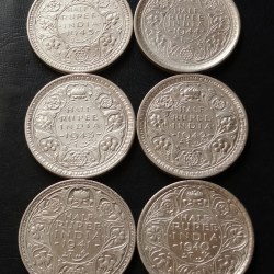 Alternative view of KING👑👑👑GEORGE Vl 6 DIFFERENT years Half 1/2 ₹ COMPLETE SET DATES DETAILS:- 1940/41/42/43/44 /45 WEIGHT 6 GM EACH ORIGINAL GAUARANTEE EXCELLENT CONDITION. Same and similar piece available