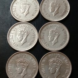 KING👑👑👑GEORGE Vl 6 DIFFERENT years Half 1/2 ₹ COMPLETE SET DATES DETAILS:- 1940/41/42/43/44 /45 WEIGHT 6 GM EACH ORIGINAL GAUARANTEE EXCELLENT CONDITION. Same and similar piece available