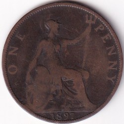 Alternative view of One Penny 1897 UK Victoria Side Face Very Fine Coin Rare