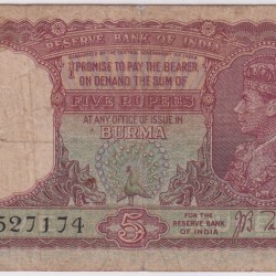 Burma King George VI 5 Rupees JB Taylor 1938 Very Fine Detail Very Rare Note #3