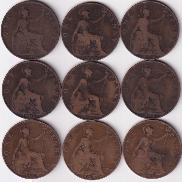 King EDward VII Penny 1902 to 1910 Nine Coins Collections set #1