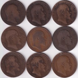Alternative view of King Edward VII Penny 1902 to 1910 Nine Coins Collections set #2