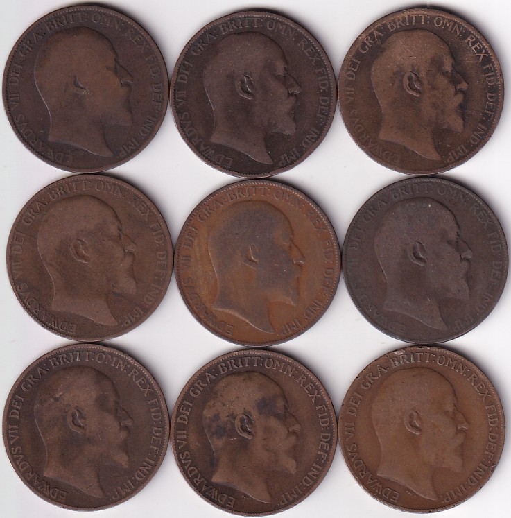 King Edward VII Penny 1902 to 1910 Nine Coins Collections set #2 - Image 2