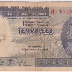 Fine Condition 10 Rupees KING GEROGE VI Side Face J B TAYLOR Signed 1938 Note Rare