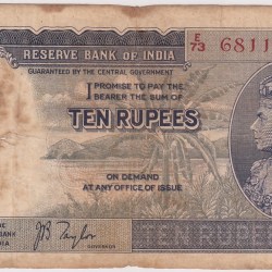 Fine Condition 10 Rupees KING GEROGE VI Side Face J B TAYLOR Signed 1938 Note Rare #2