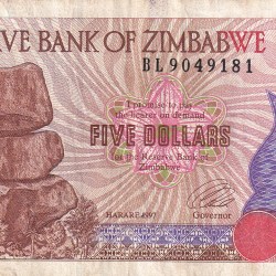 ZIMBABWE FIVE DOLLARS OLD ISSUE WORLD NOTE
