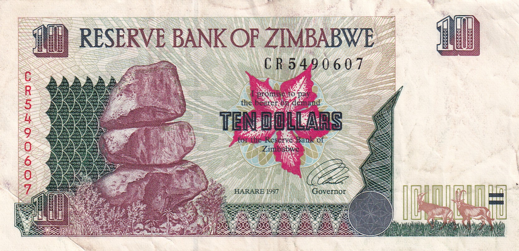 ZIMBABWE TEN DOLLARS OLD ISSUE WORLD NOTE